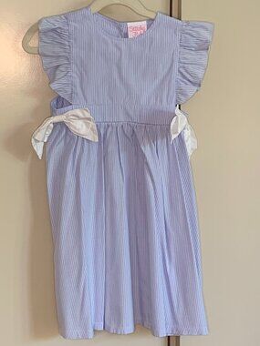 Stitchy Fish Blue Pinstripe Dress Flutter Sleeve Bow Detail Size 5 Classic